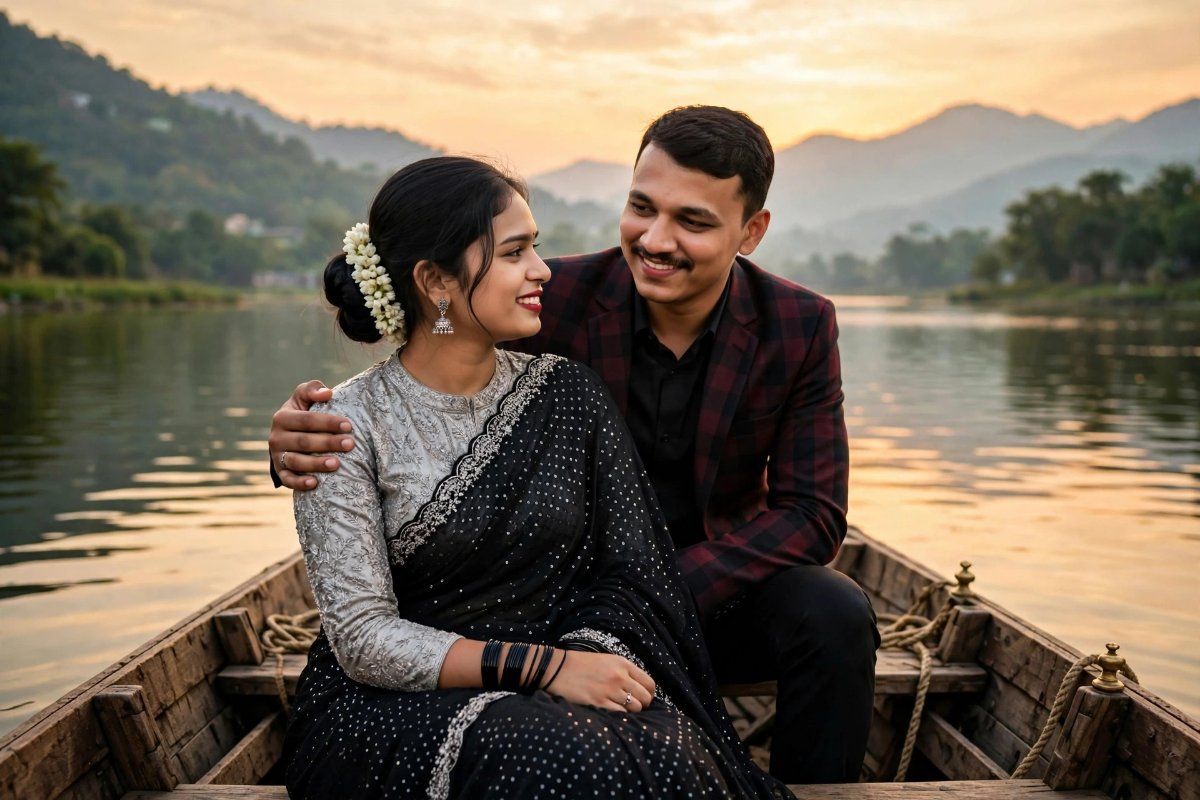 Lake Boat Black Saree Romance - Suit Saree Shoulder Touch - Face Lock AI Prompt Visual