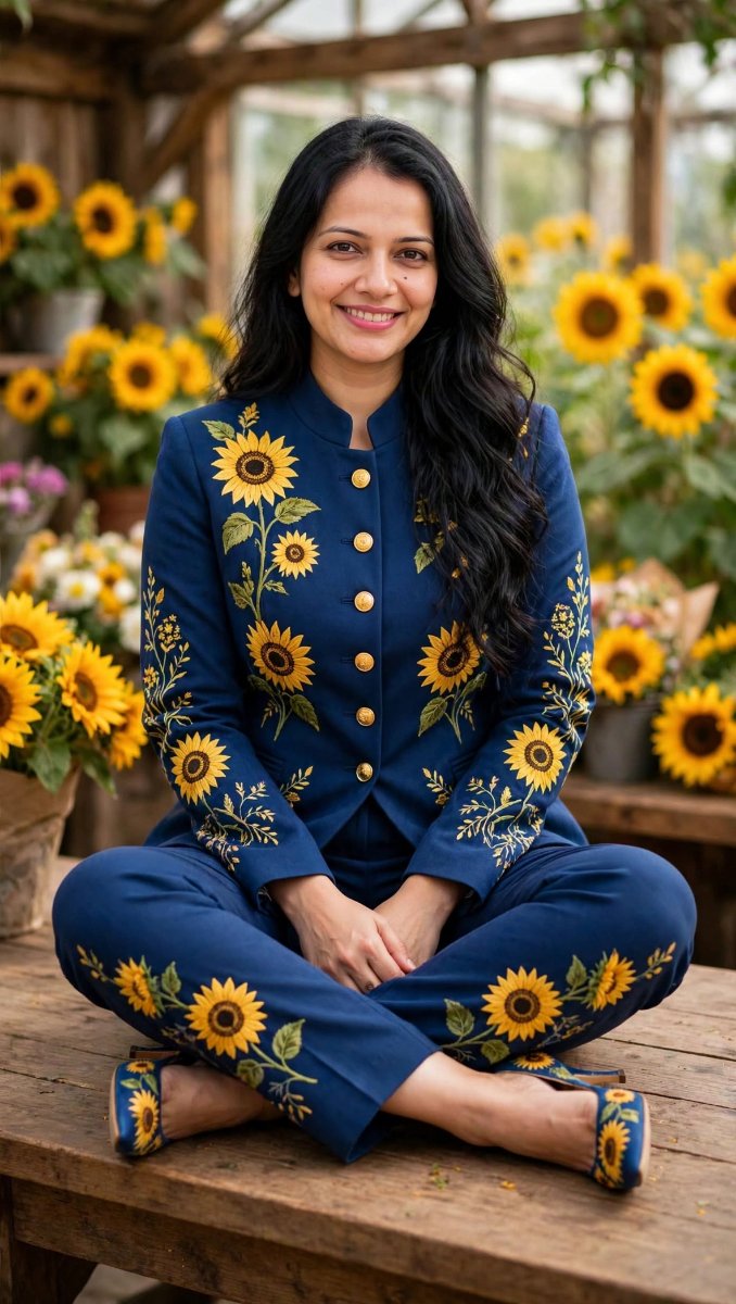 Sanjanaa Arole Navy Blue Sunflower Embroidered Bandhgala Suit - Greenhouse Garden Sitting Pose AI Prompt Visual