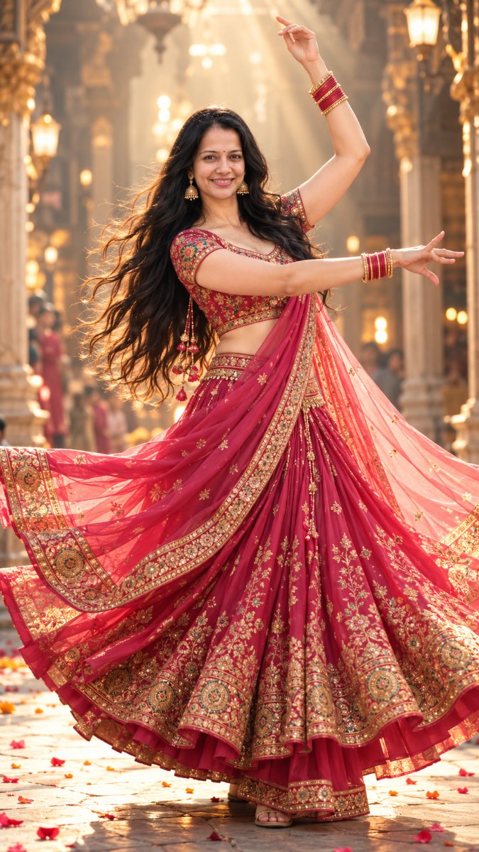 Sanjanaa Arole Navratri dp Street Festive Twirl Look - Magenta Pink Red Gold Embroidered Lehenga Saree with Flowing Pallu Dance Pose AI Prompt Visual