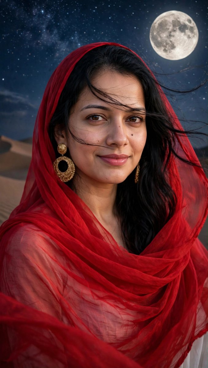 Sanjanaa Arole Red Desert Veil Moonlight Look - Gold Statement Earrings Night Desert AI Prompt Visual