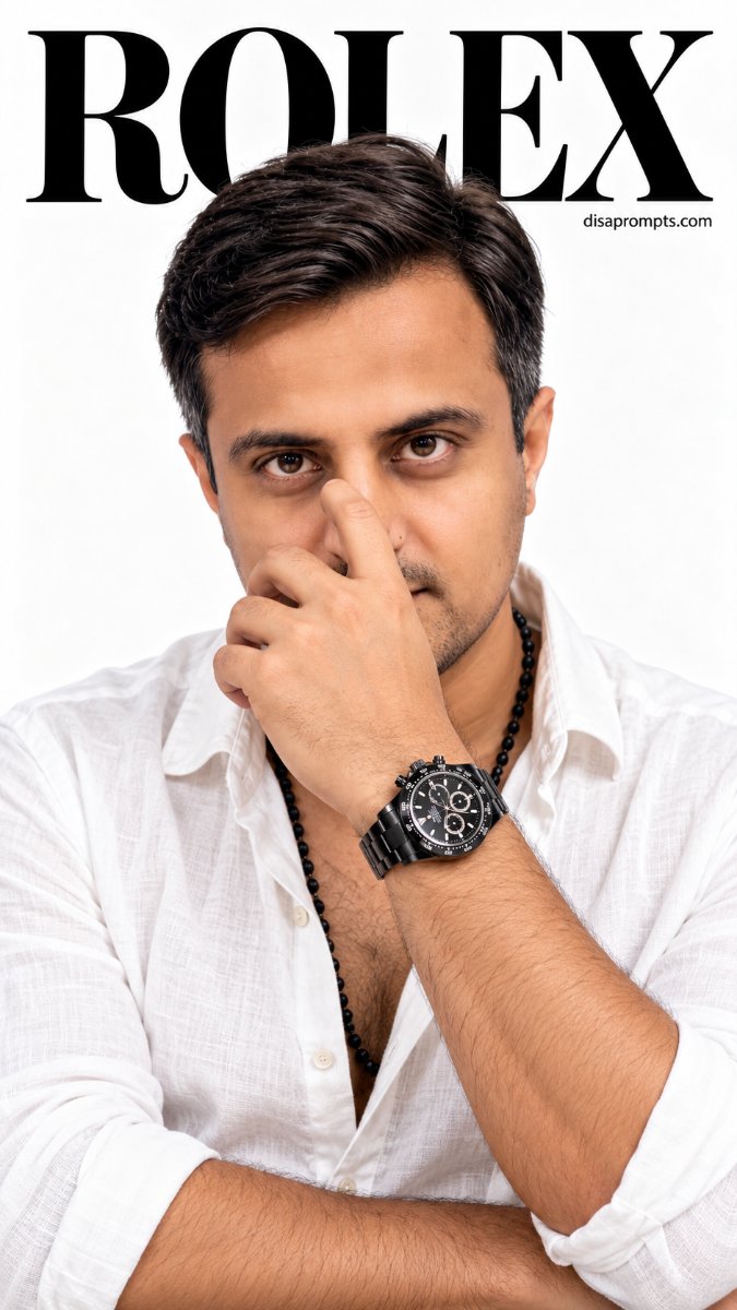 ROLEX White Linen Cover - Luxury Chronograph Watch Hand On Face. Diinesh Patel AI Prompt Visual