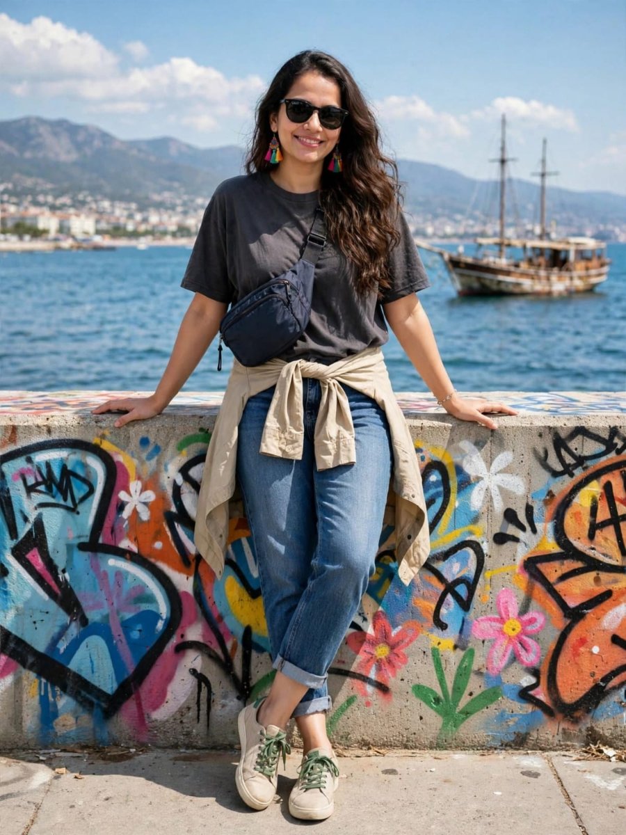 Sanjanaa Arole Coastal Casual Street Style Look - Washed Black Oversized T-Shirt with Blue Jeans and Beige Shirt Tied at Waist at Sea Wall AI Prompt Visual