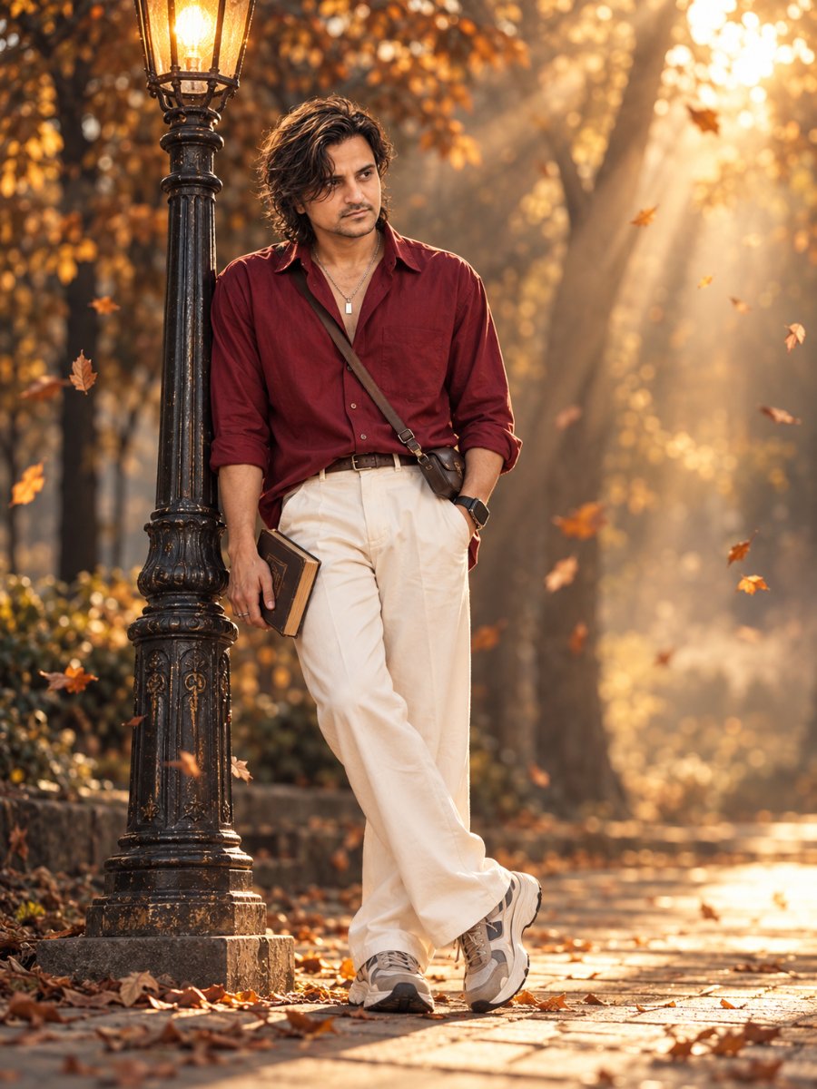 Autumn Park Lamppost Portrait - Diinesh Patel AI Prompt Visual