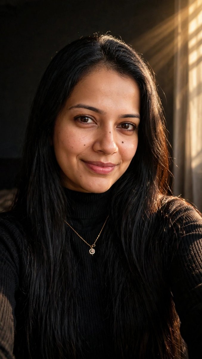 Sanjanaa Arole Black Turtle Neck - Long Straight Hair Sunlight - Soft Smile Indoor AI Prompt Visual