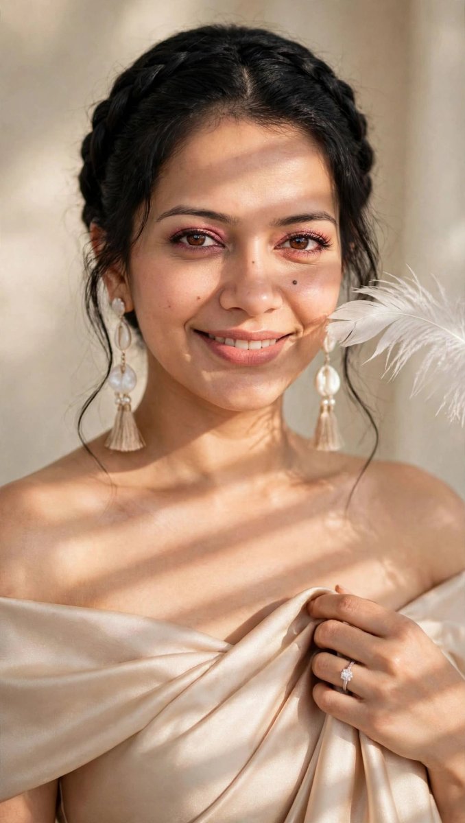 Sanjanaa Arole creamy Satin Draped Gown - Pearl Tassel Earrings Feather Shadow Light AI Prompt Visual