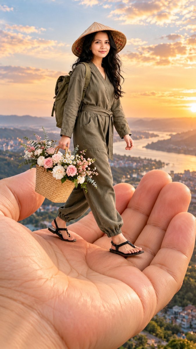 Tiny Woman Walking On Giant Hand Palm - Sanjanaa Arole AI Prompt Visual
