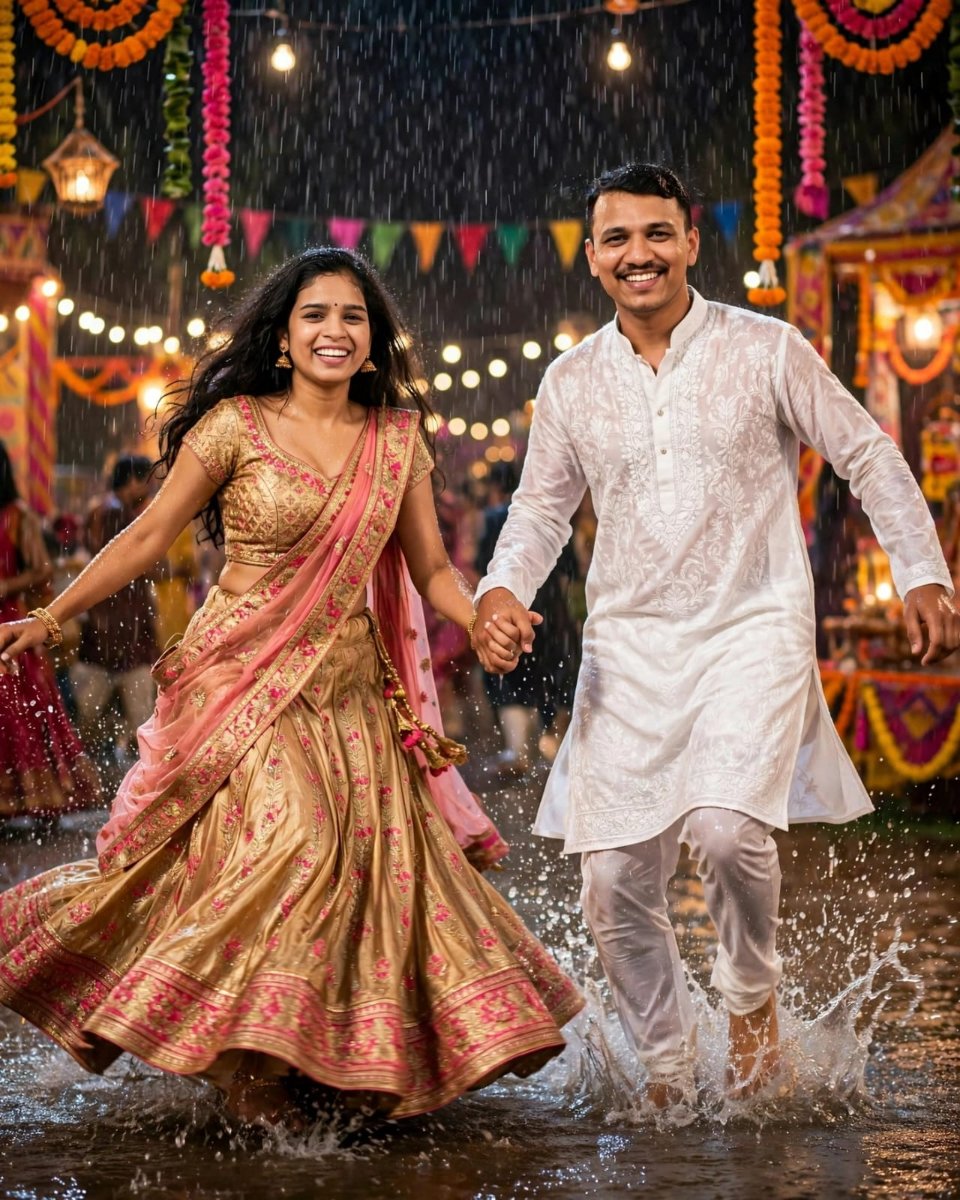 Gold Pink Rain Garba Couple Lehenga - Gold Pink Floral Embroidered Banarasi Lehenga Choli with White Chikankari Kurta Pajama Set AI Prompt Visual