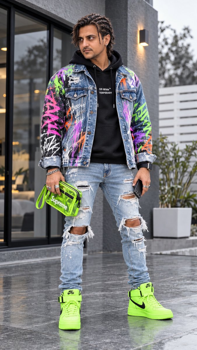 Neon Graffiti Denim Jacket - Ripped Jeans Supreme. Diinesh Patel AI Prompt Visual