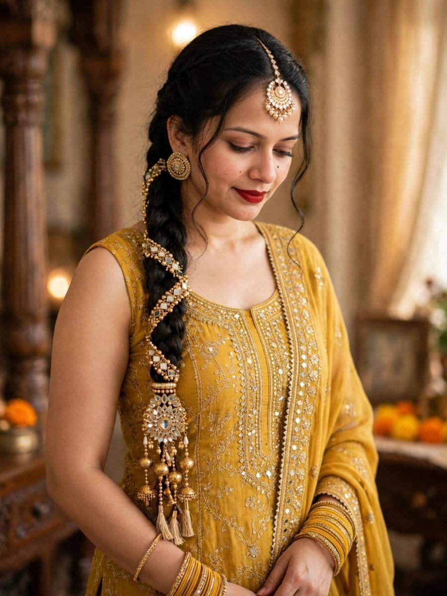Sanjanaa Arole  Mustard Yellow Bridal Suit Set - Mustard Gold Mirror Work Sleeveless Kurta with Heavy Mirror Border Dupatta and Heavy Gold Mirror Parandi AI Prompt Visual