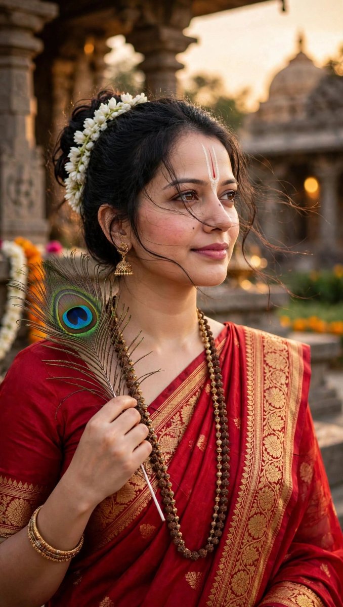 Sanjanaa Arole Red Saree Gold Border - Gajra Bun Tulsi Mala - Peacock Feather Radha Tilak AI Prompt Visual