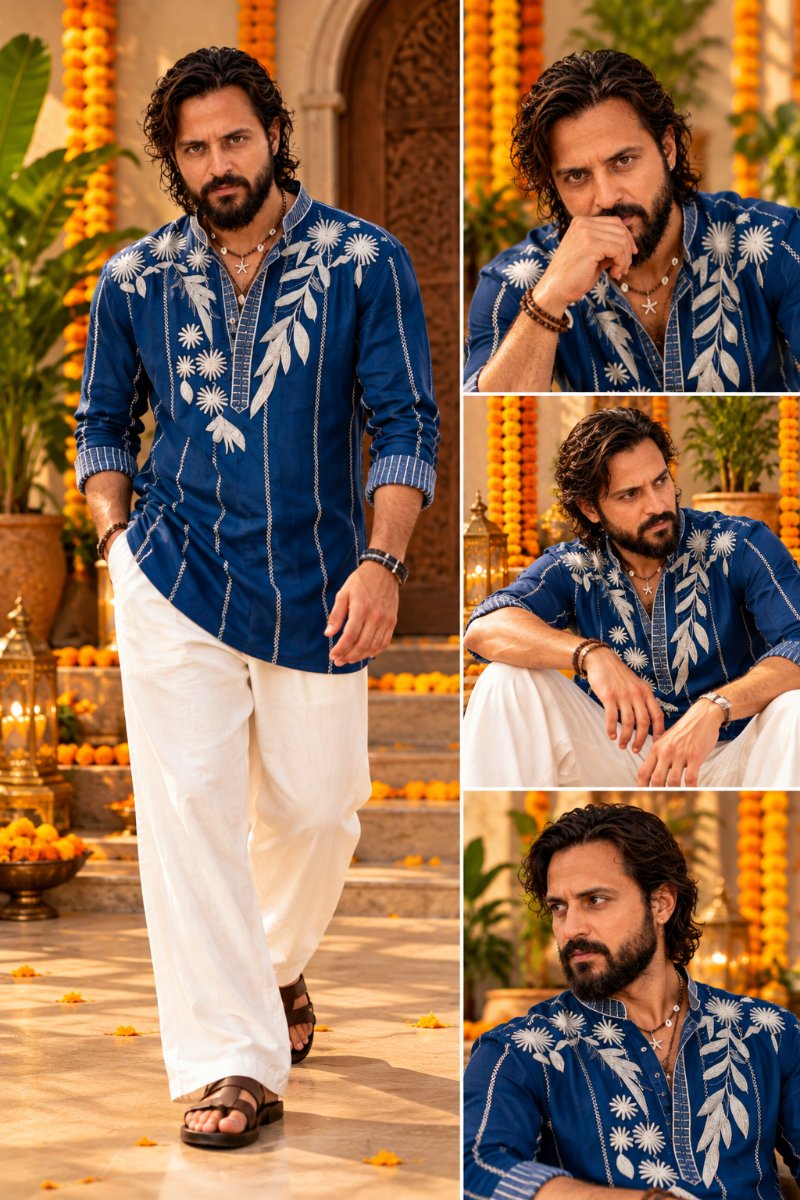 Diinesh Patel in Indigo Marigold  Navratri- Chikankari Kurta Collage AI Prompt Visual