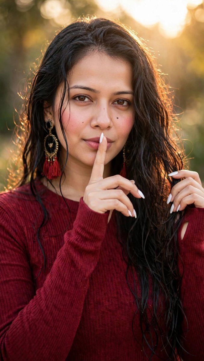 Sanjanaa Arole Red Long Sleeve Top Tassel Earrings - Wet Wavy Hair Finger On Lips - Sunlit Outdoor AI Prompt Visual