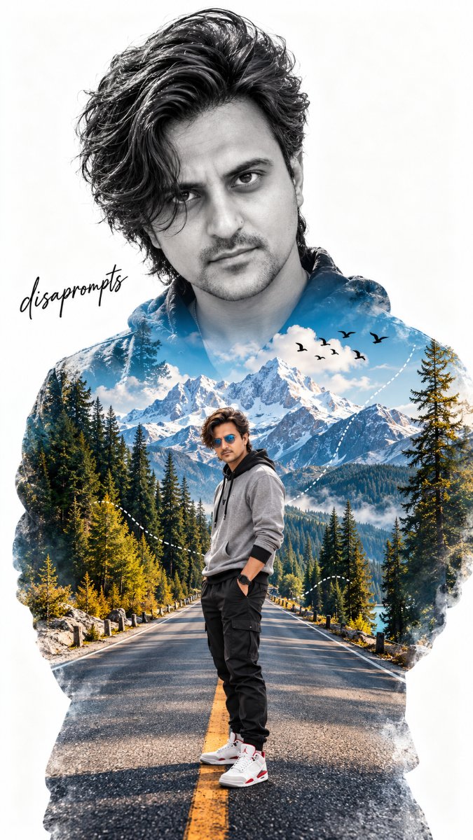 Mountain Road Double Exposure Journey - Hoodie Sunglasses Black White Portrait Travel. Diinesh Patel AI Prompt Visual