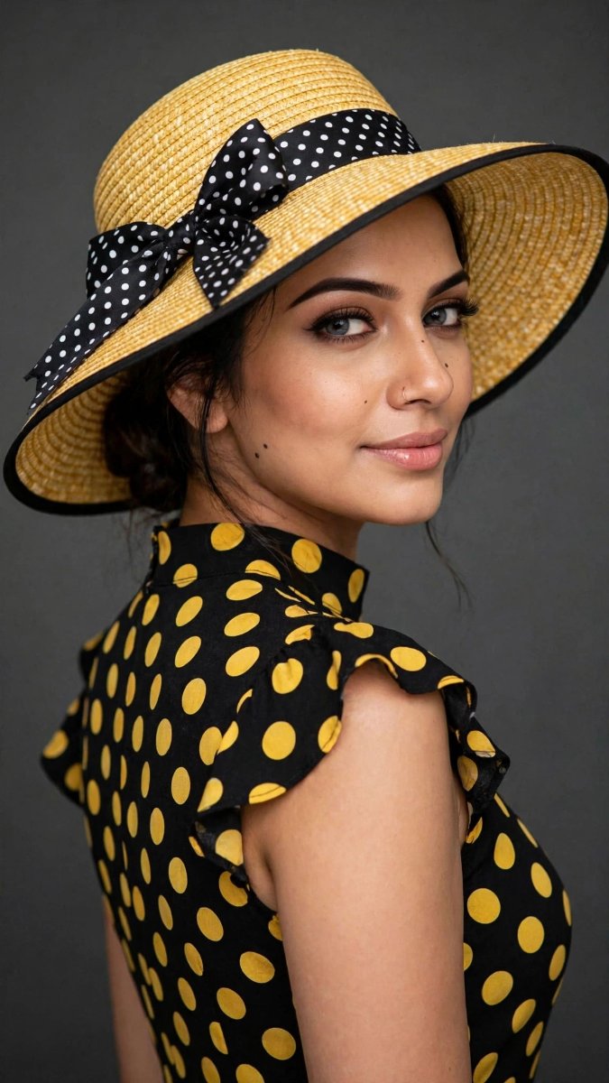 Vintage Yellow Black Polka Dot Hat Fashion - Sanjanaa Arole AI Prompt Visual