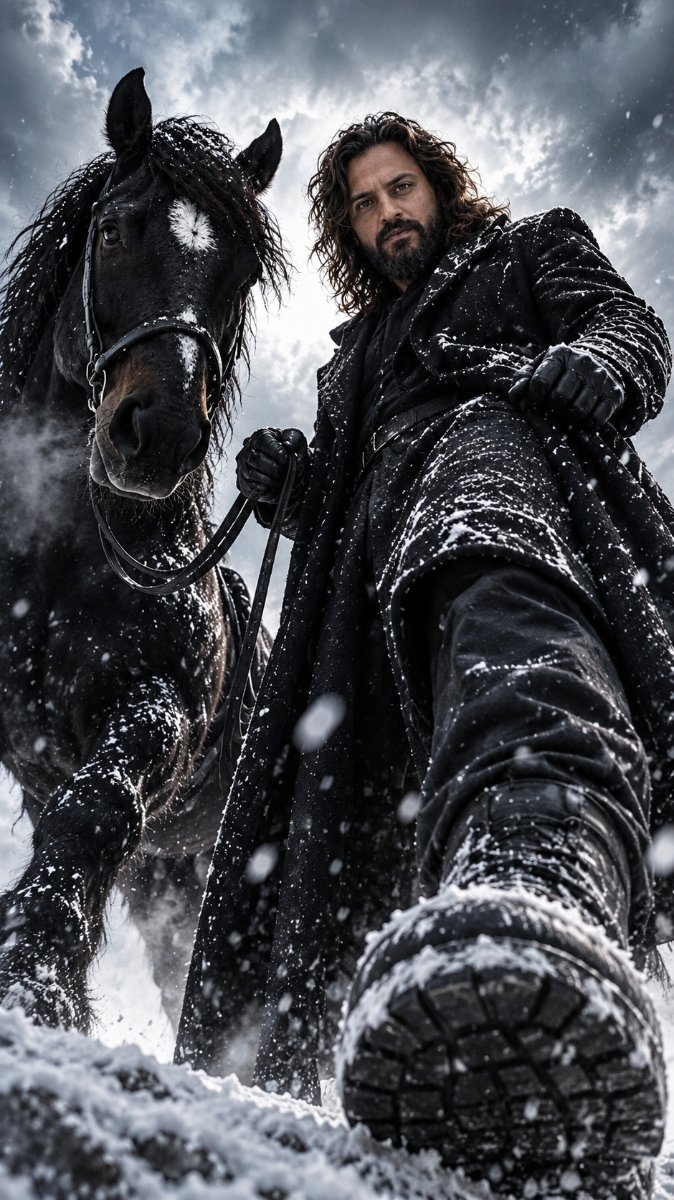 Horse and man in black in snowflake Diinesh Patel AI Prompt Visual