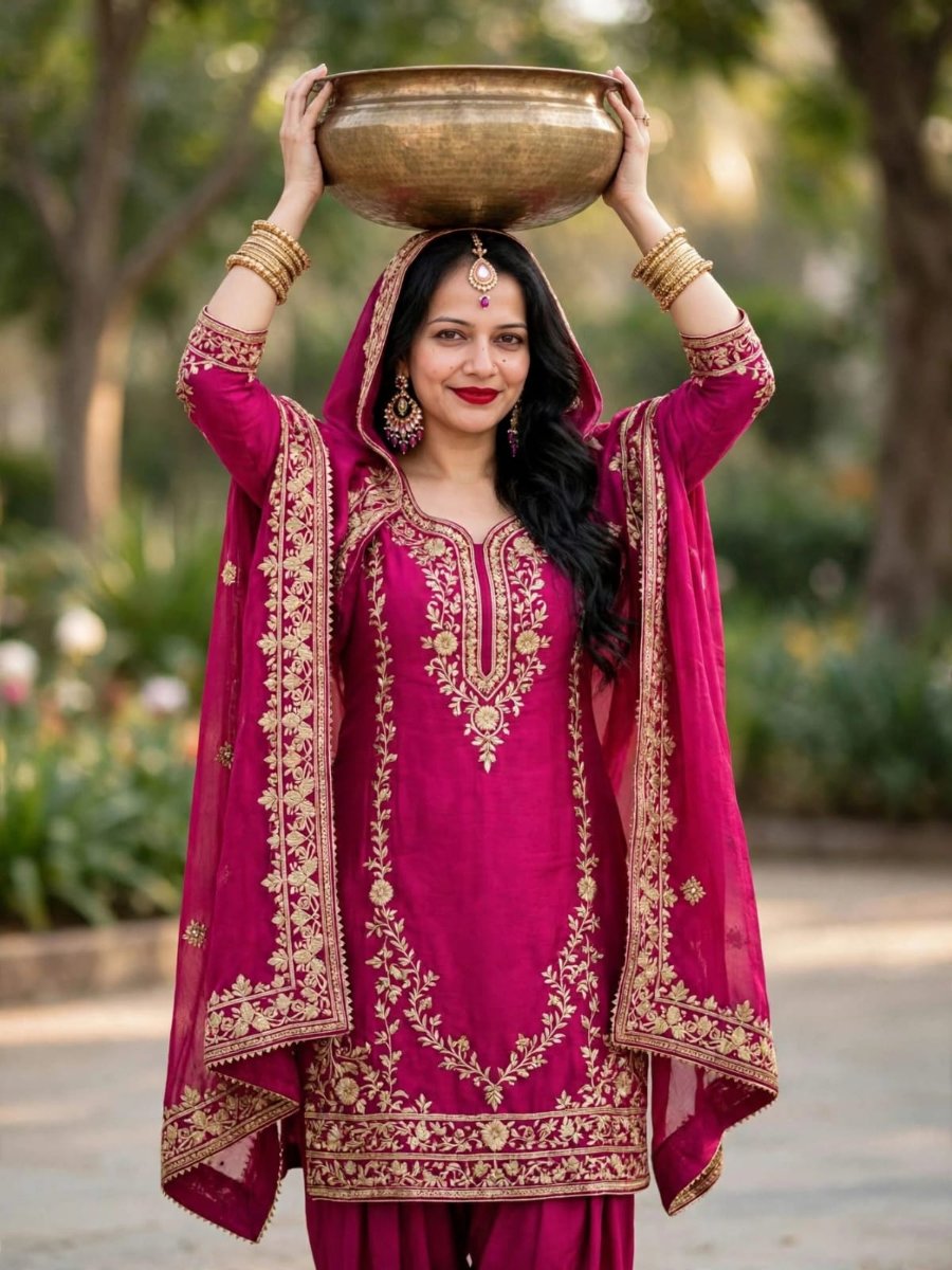 Sanjanaa Arole  Magenta Patiala Suit Set - Rani Pink Gold Zari Embroidered Kurta with Patiala Salwar and Heavy Gold Embroidered Dupatta AI Prompt Visual