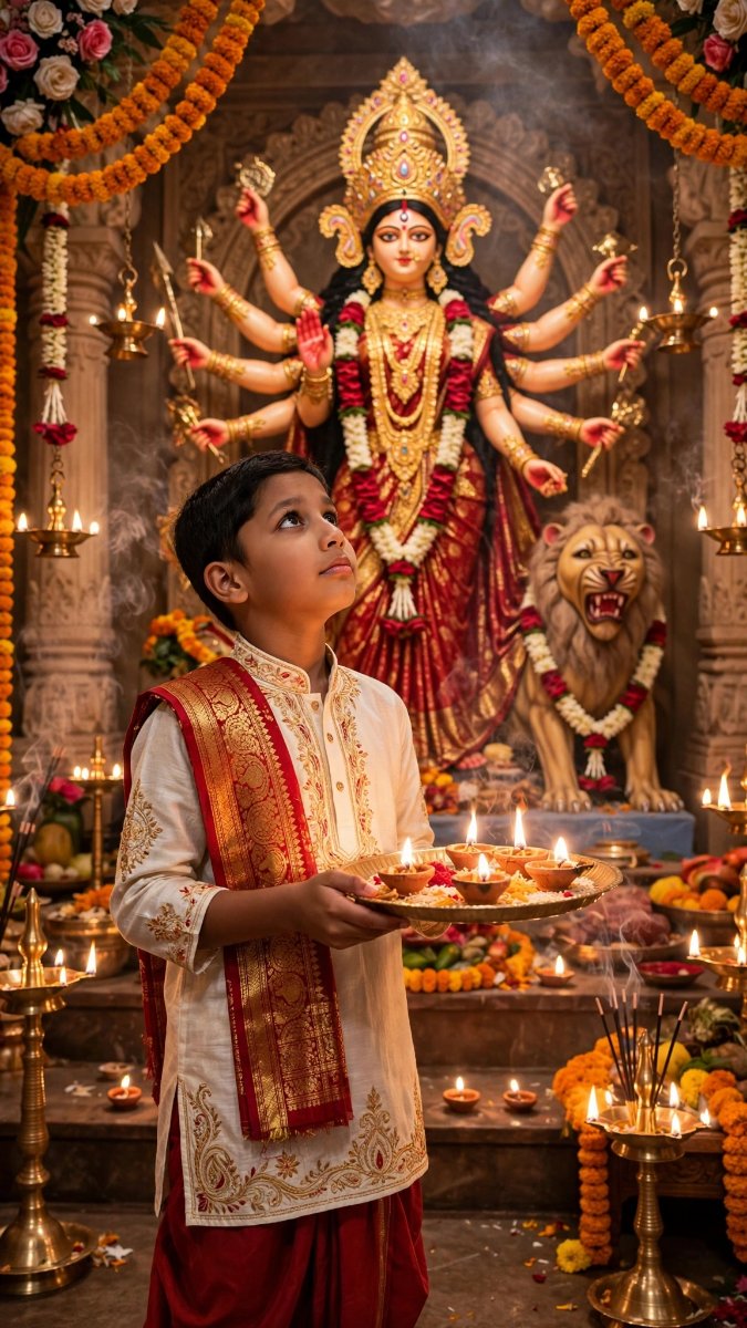 Navratri Puja - Boy Holding Aarti Thali with Diyas in Front of Maa Durga Temple AI Prompt Visual