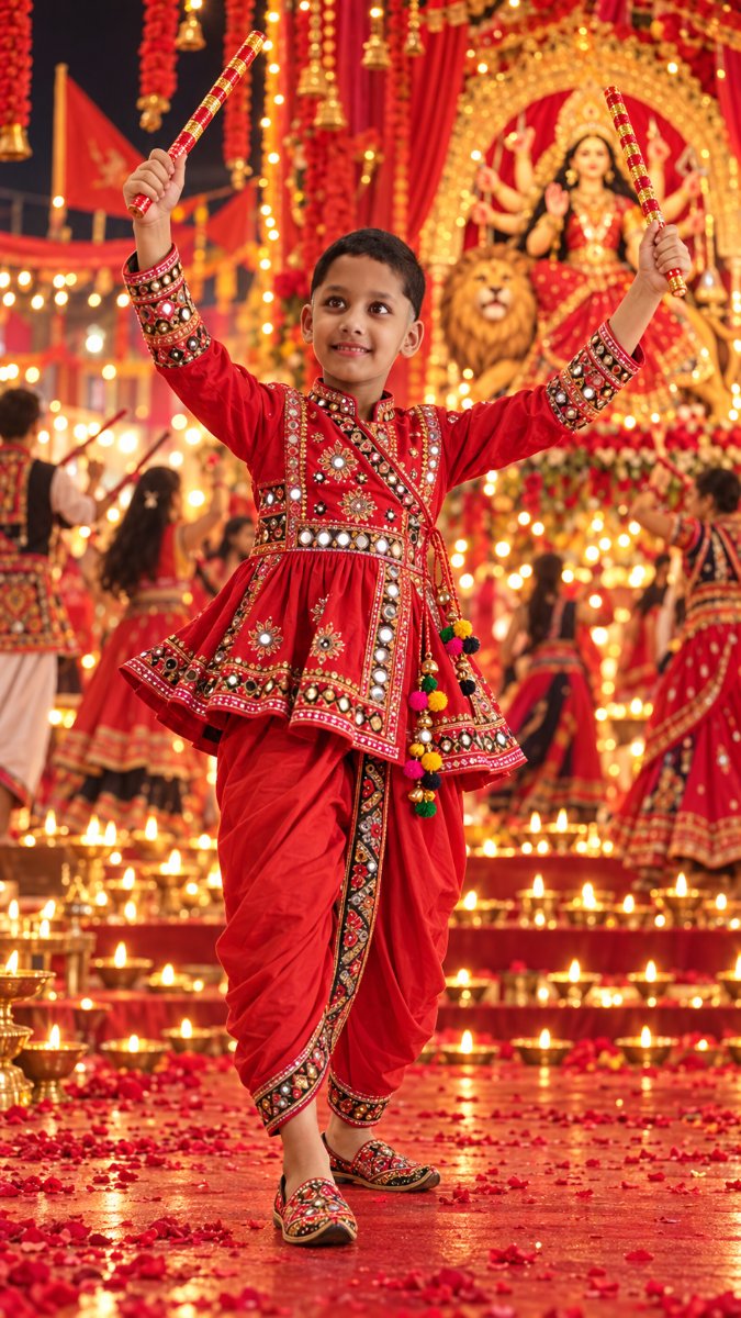 Red Navratri Angrakha - Hands Up Garba Dance - Red Theme Durga Pandal Night AI Prompt Visual