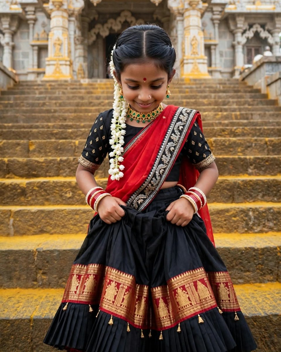 Sanjanaa Arole Little Baby Jejuri Khandoba Temple Saree Look - Black Red Gold Temple Border Lehenga with Red Dupatta and Mogra Gajra AI Prompt Visual