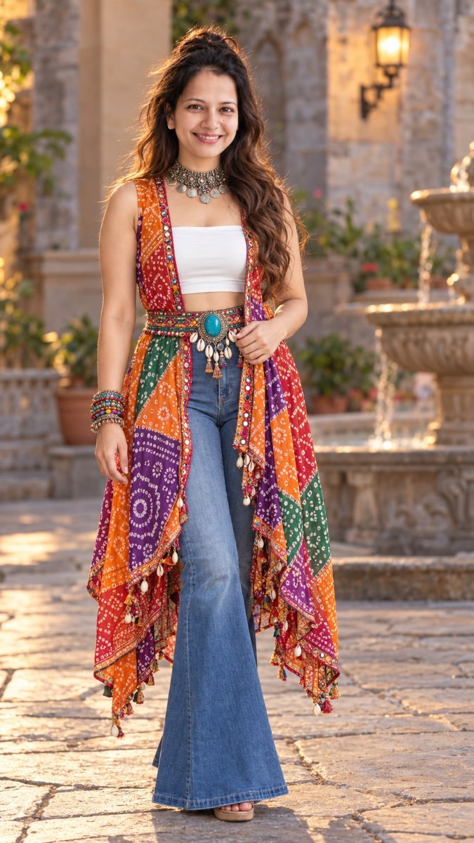 Boho Bandhani Vest With Jeans Fusion - Sanjanaa Arole AI Prompt Visual