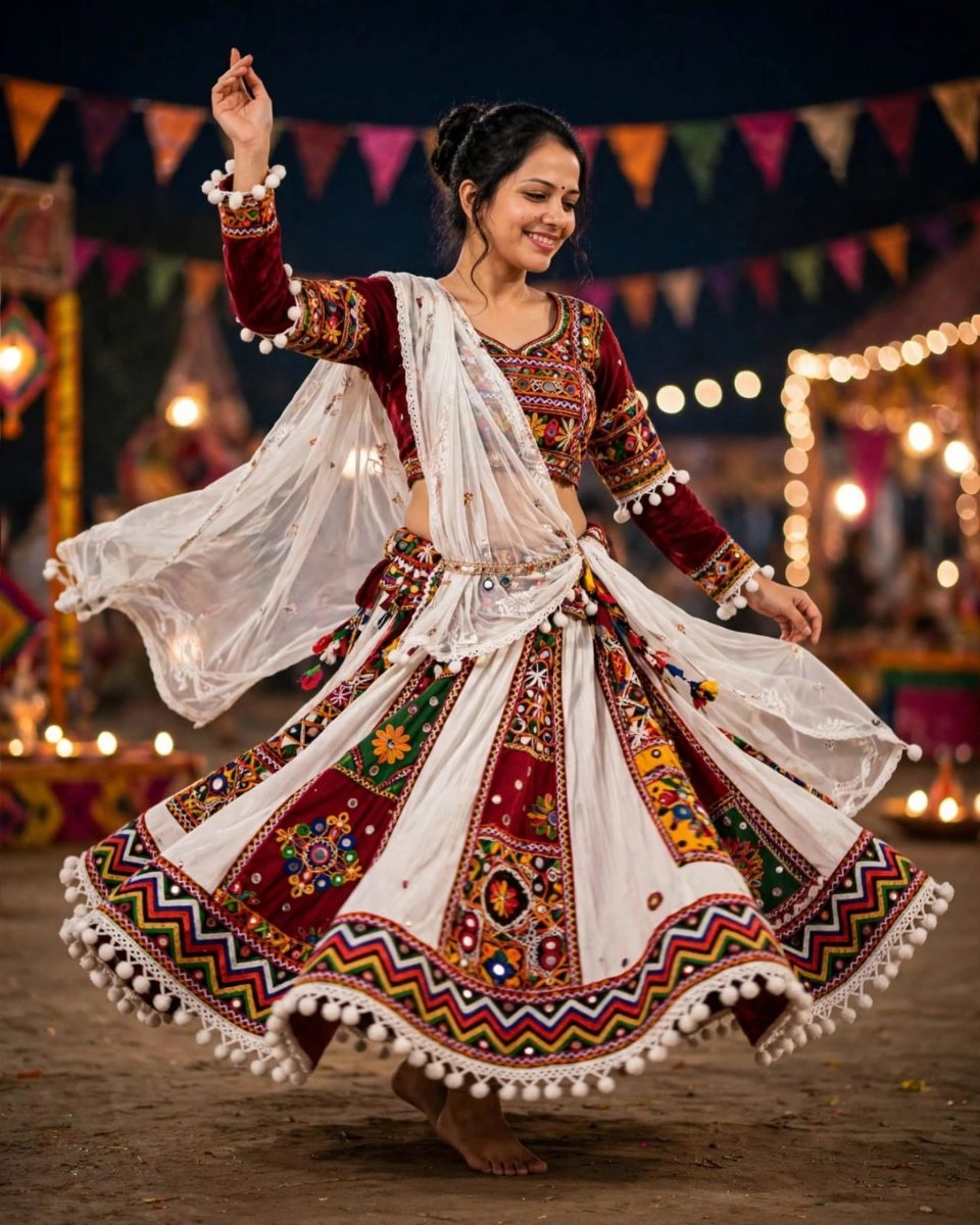 Sanjanaa Arole White Festive Garba Lehenga - White and Maroon Velvet Chaniya Choli with Multicolor Patchwork Embroidery and Pom Pom Lace AI Prompt Visual