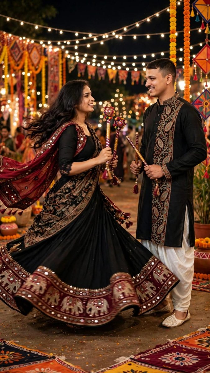 Black Maroon Navratri Couple Dandiya Set - Black Maroon Elephant Mirror Work Lehenga Choli with Black Paisley Embroidered Kurta Dhoti AI Prompt Visual