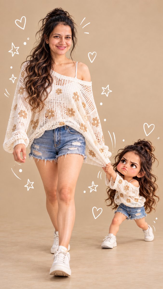 Mom And Angry Chibi Daughter Pulling Clothes - Sanjanaa Arole AI Prompt Visual