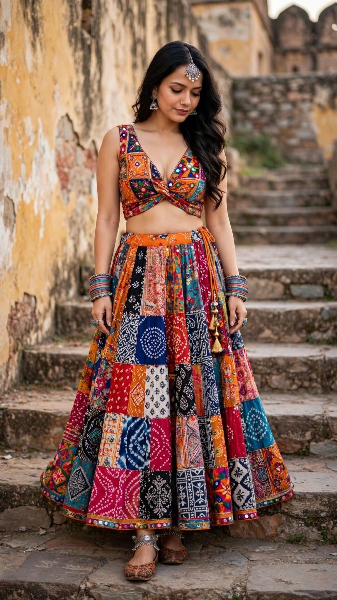 Boho Patchwork Lehenga Twirl - Beautiful Sanjanaa Arole In Multi-Color Bandhani AI Prompt Visual