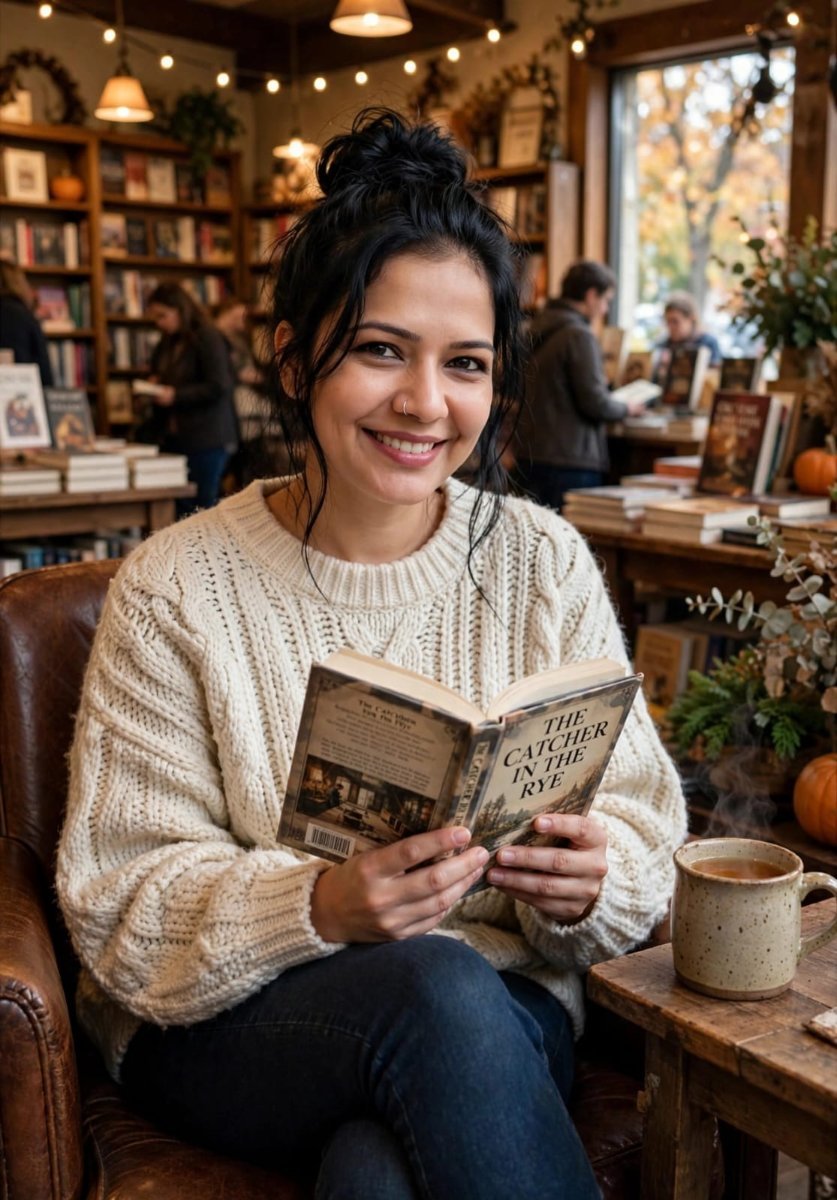 Cozy bookshop aesthetic photo of a beautiful young woman SANJANAA AROLE AI Prompt Visual