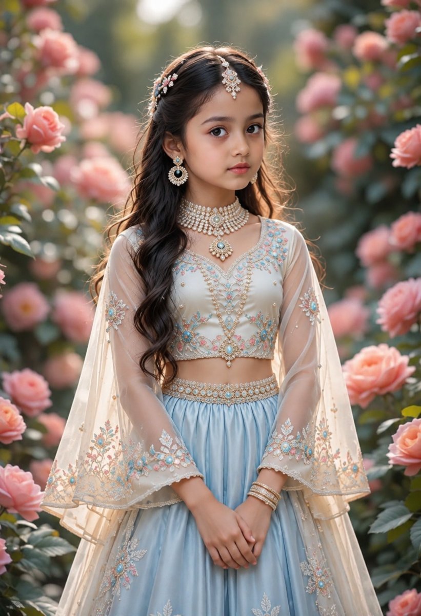 Cute little girl with innocent looking wearing luxury pastel lehenga Diinesh Patel AI Prompt Visual