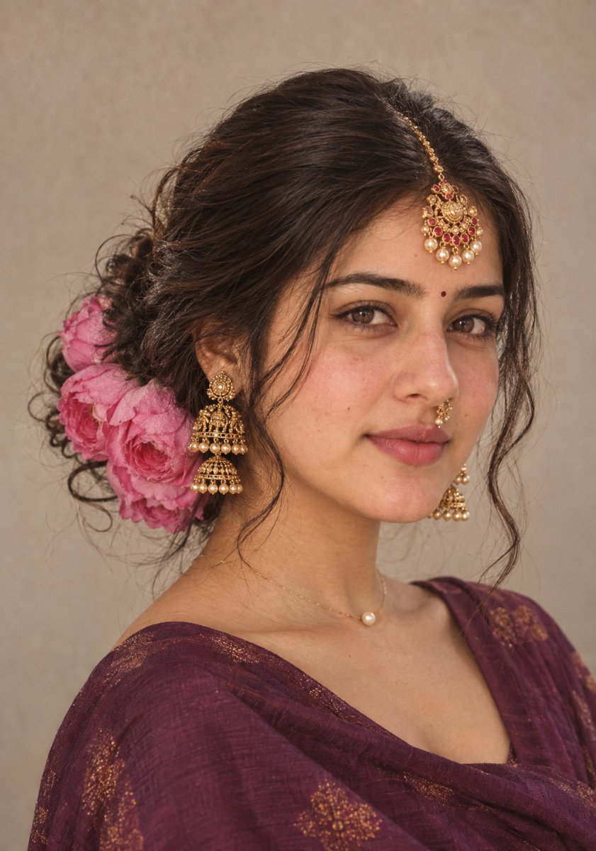 Photorealistic Indian Bridal Portrait with Pink Flowers AI Prompt Visual