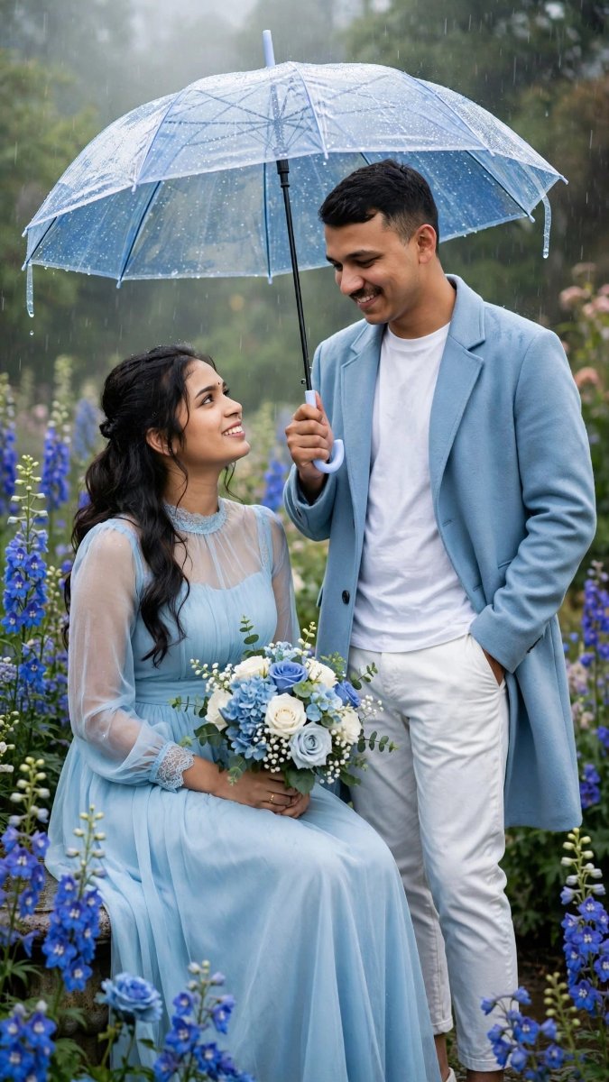 Blue Flower Rain Romance - Light Blue Gown Bouquet Umbrella - Face Lock AI Prompt Visual