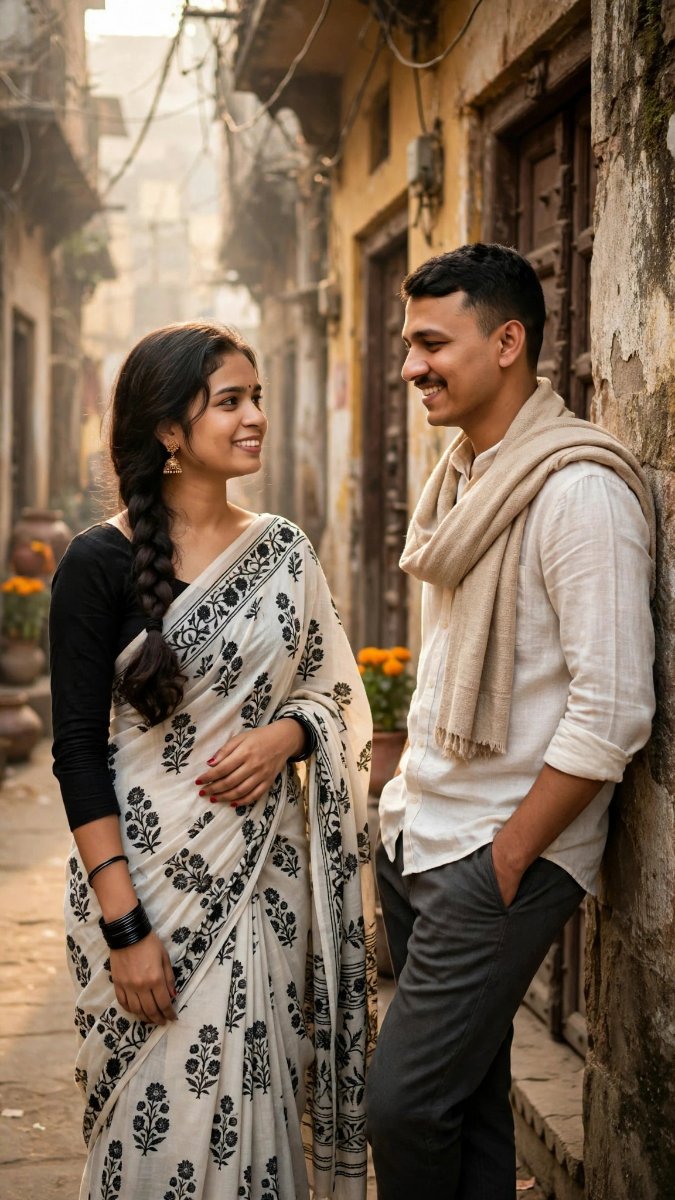 Banaras Gali Romance - White Grey Saree White Shirt Shawl - Face Lock AI Prompt Visual