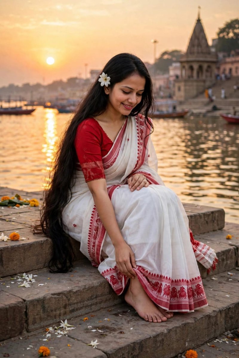 Sanjanaa Arole White Red Bengali Cotton Saree - White Red Elephant Border Handloom Saree with Red Embroidered Blouse AI Prompt Visual