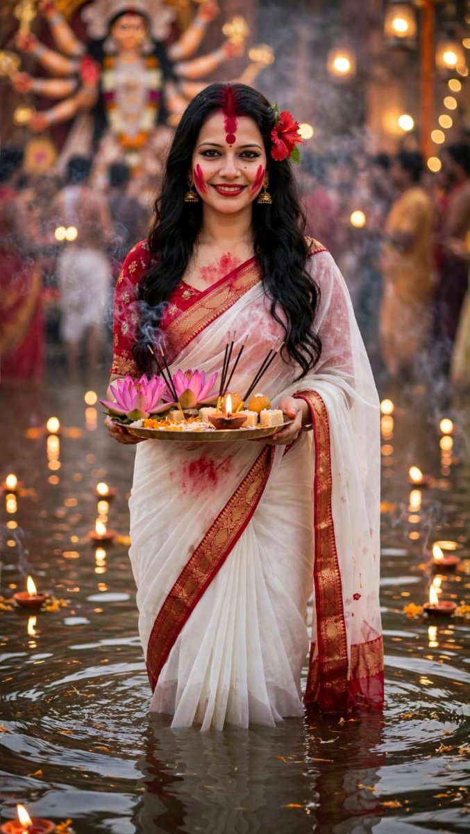 Sanjanaa Arole  White Red Bengali Durga Puja Saree - White Red Gold Zari Border Cotton Silk Saree with Red Embroidered Blouse AI Prompt Visual