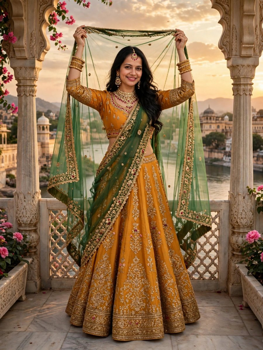 Sanjanaa Arole Sunset Palace Balcony Royal Look - Mustard Green Gold Embroidered Lehenga with Sheer Veil and Temple Jewelry AI Prompt Visual