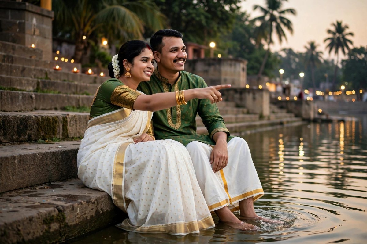 Pond Steps Kerala Romance - White Gold Saree Dhoti Sitting - Face Lock AI Prompt Visual