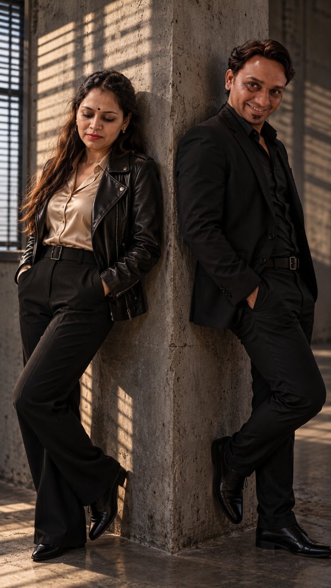 Moody Concrete Wall Couple - Man In Black Suit And Woman In Leather Jacket Leaning On Pillar AI Prompt Visual