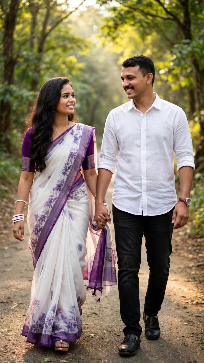 Road Walk Dream - Purple White Saree White Shirt Hand Holding - Face Lock AI Prompt Visual