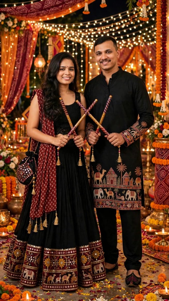 Black Maroon Couple Navratri Dandiya Set - Black Bandhani Lehenga Choli with Maroon Dupatta and Black Elephant Camel Embroidered Kurta Pajama AI Prompt Visual