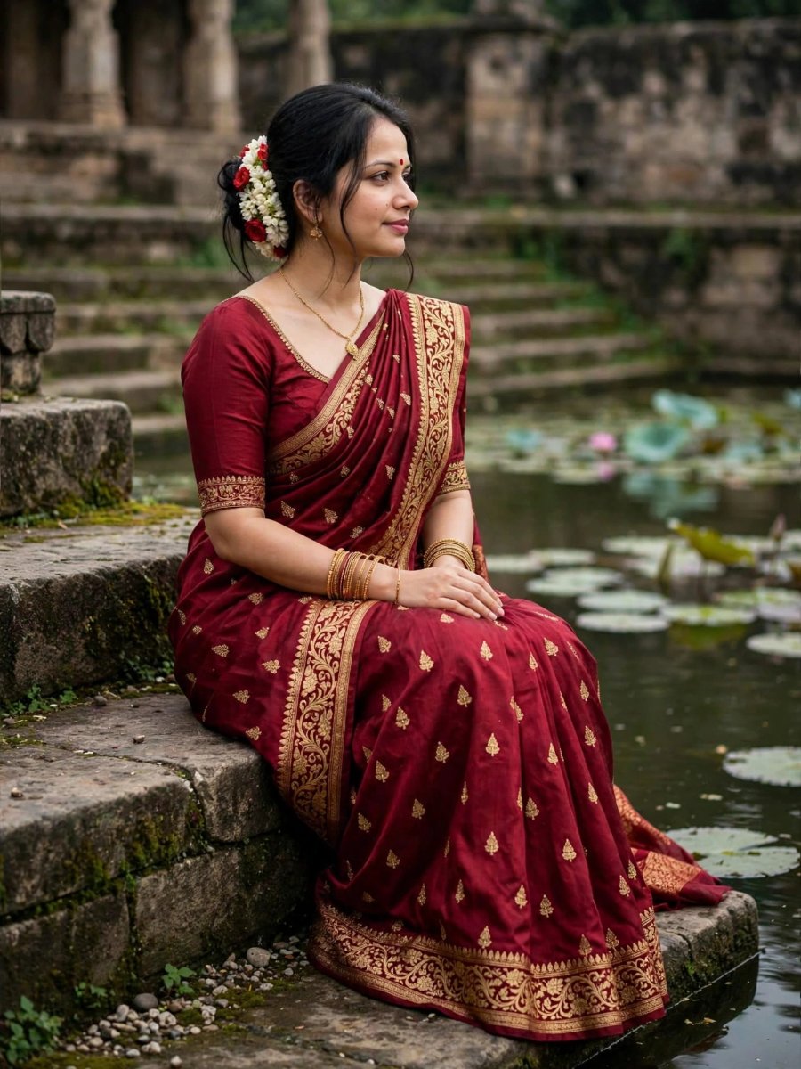 Sanjanaa Arole Lotus Pond Temple Sad Look - Maroon Gold Border Saree with Gajra Bun Sitting by Water AI Prompt Visual
