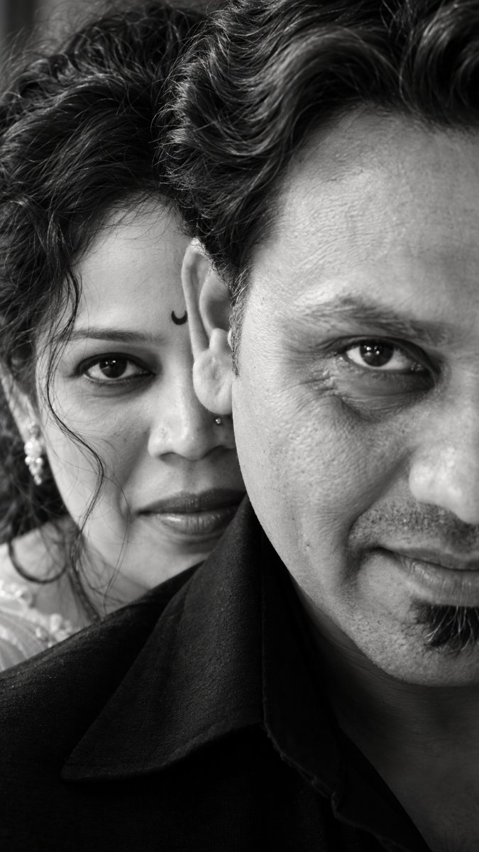 Black And White Half Face Couple Close Up - Man And Woman Intense Eyes Portrait AI Prompt Visual