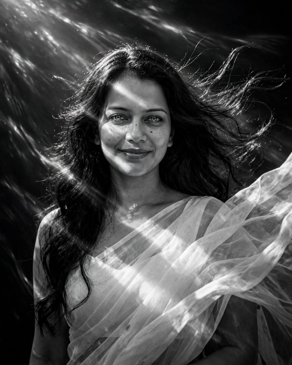 Sanjanaa Arole White Sheer Saree Wind Blown - Long Wavy Hair Sun Flare - BW Ethereal Portrait AI Prompt Visual