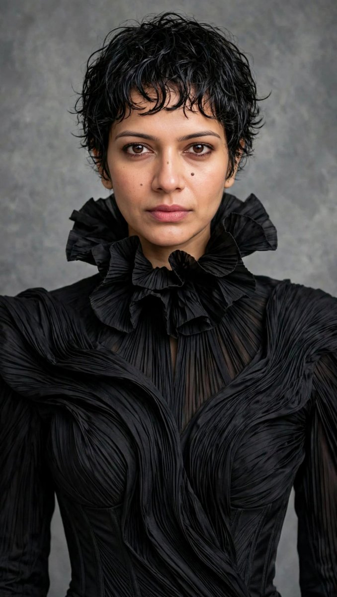 Sanjanaa Arole Avant Garde Black Sculptural Gown - Wet Curly Pixie High Ruffle Collar AI Prompt Visual