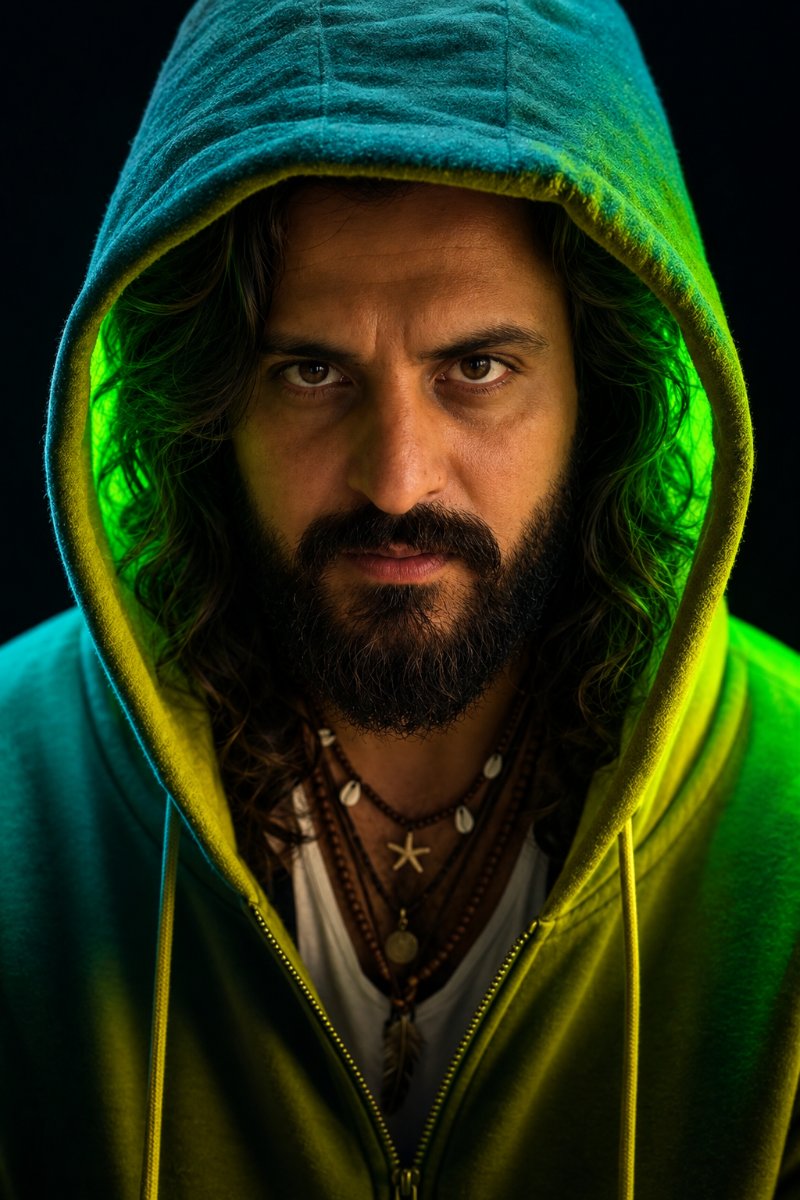 Neon Green Hoodie Intense Stare - Diinesh Patel AI Prompt Visual