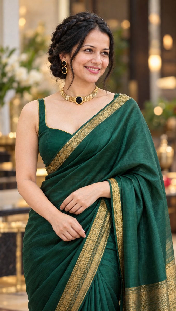Sanjanaa Arole Elegant Emerald Modern Saree Look - Green Silk Saree with Gold Border and Black Onyx Choker Set AI Prompt Visual