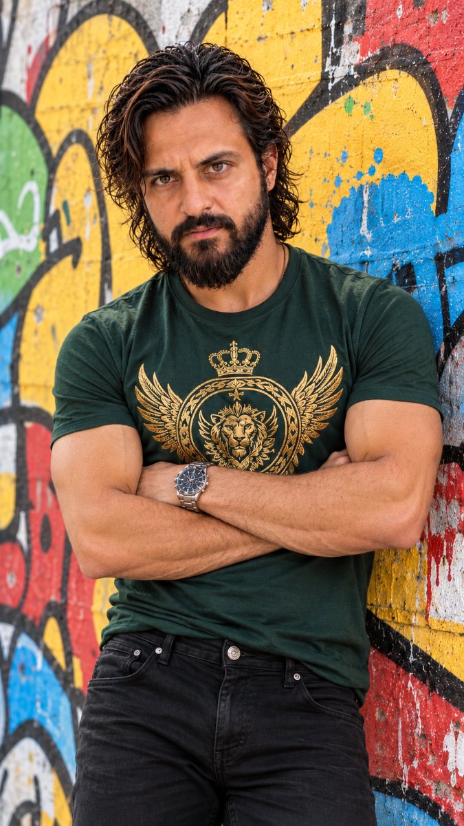 Dark Green Gold Lion Wings Tshirt Muscle Cross Arms - Diinesh Patel AI Prompt Visual