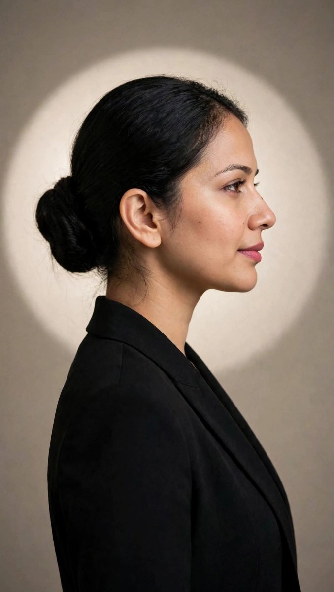 Sanjanaa Arole Black Blazer Side Profile - Neat Low Bun - Halo Spotlight Portrait AI Prompt Visual