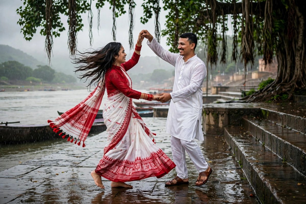 Riverside Rain Dance - Red White Saree White Kurta Twirl - Face Lock AI Prompt Visual