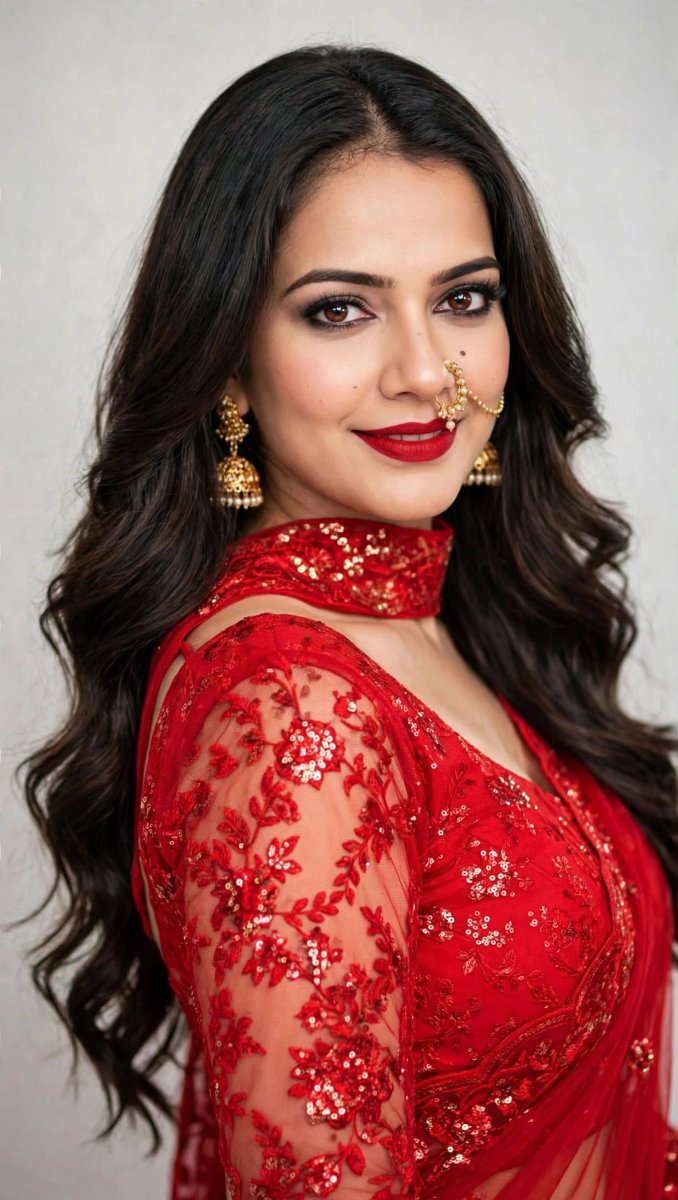 Sanjanaa Arole Red Sequin Lace Saree - Bold Red Lips Gold Jhumka Nose Ring Glam AI Prompt Visual